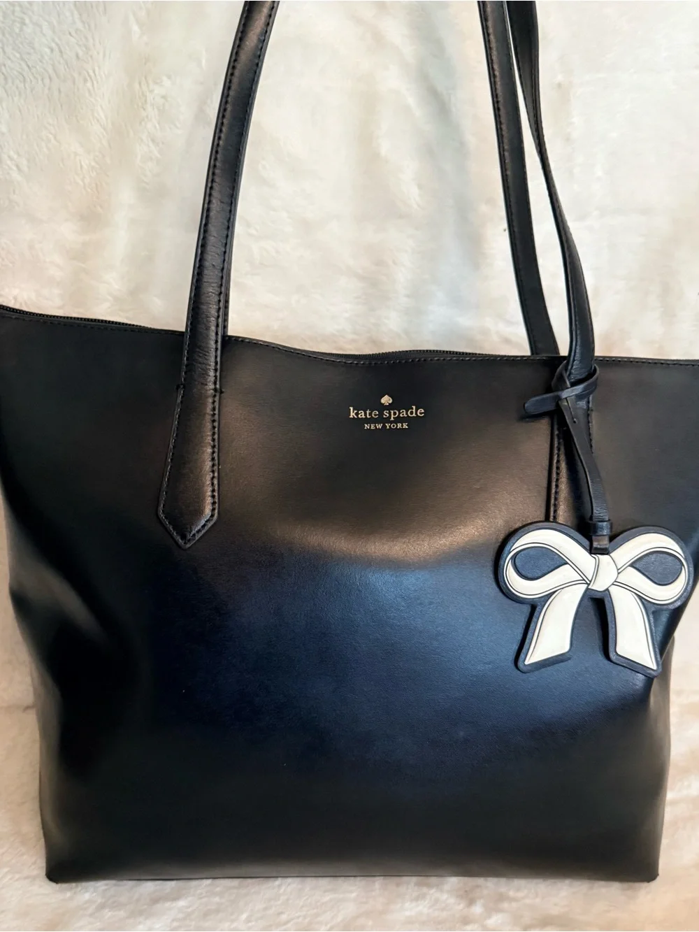 kate spade Black Leather Tote with White Bow Charm